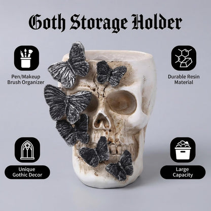 Qulfimea Gothic Skull Pen Holder, Skull Makeup Brush Holder, Dressing Table, Desk, Stationery, Decorative Flower Pot, Halloween Home Office Desk Indoor And Outdoor Decoration