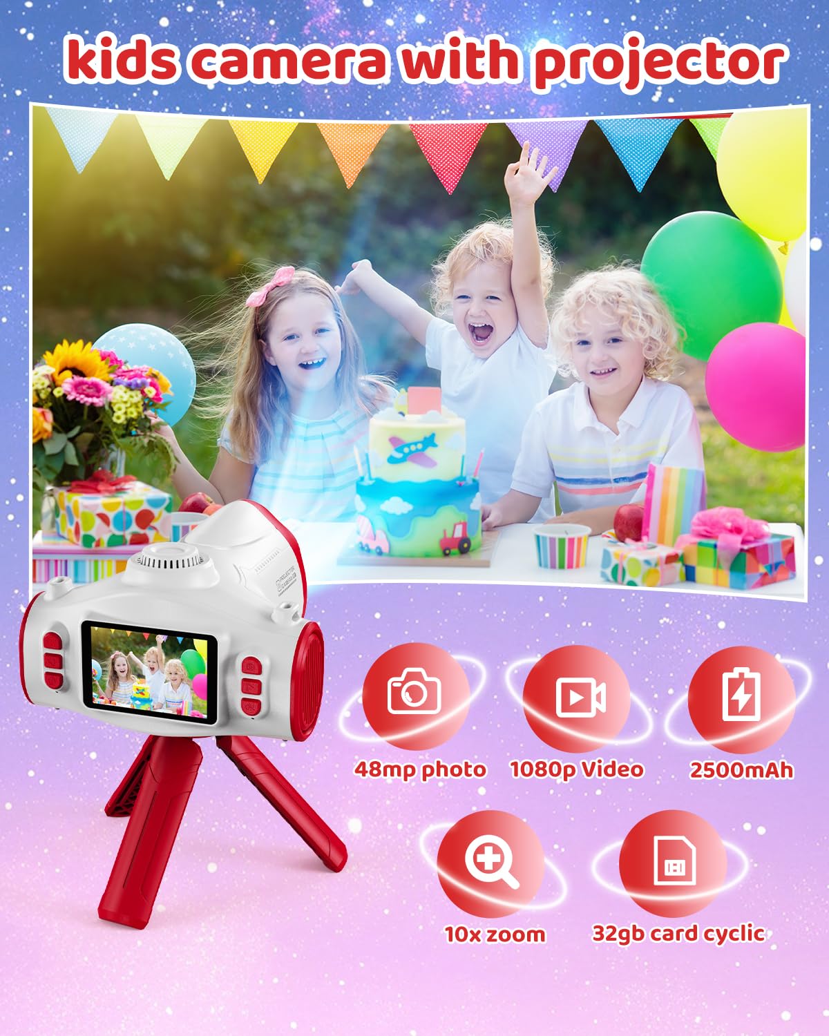 Kids Camera with Projector Spaceship 48MP HD Digital Camera for Kids 1080P Video Recorder Toy with 32GB SD Card & Tripod Outer Space Birthday for Boys Girls Age 3-12 (Red)