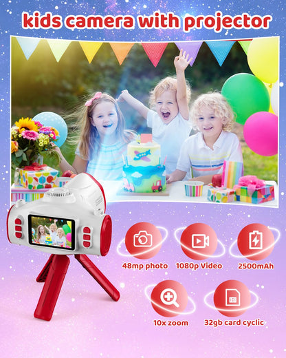 Kids Camera with Projector Spaceship 48MP HD Digital Camera for Kids 1080P Video Recorder Toy with 32GB SD Card & Tripod Outer Space Birthday for Boys Girls Age 3-12 (Red)