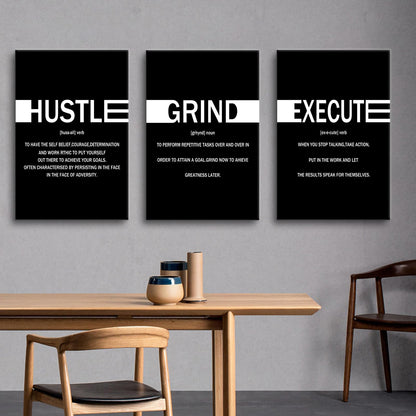 YSPCSUN Triptych Wall Decor Inspirational Posters for Office, Black White Hustle Grind Execute Quote 3 Panel Canvas Prints for Home Office Dorm Gym, 48x24 Inch Display Print