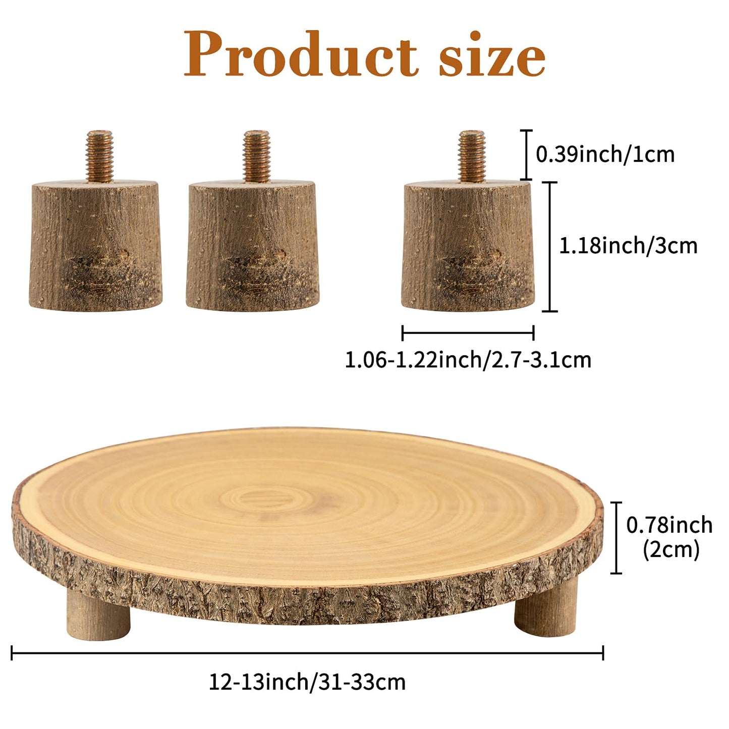 SogYupk Rustic Wood Cake Stand - 11-13 Inch Wooden Slice with Legs for Elegant Wedding, Birthday, & Woodland-Themed Parties（1Pcs）
