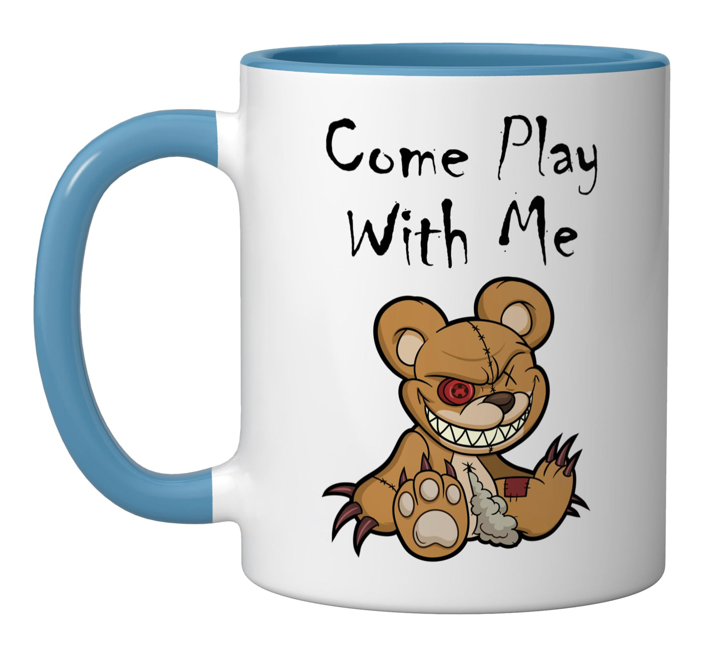 Evil Scary Teddy Bear Come Play With Me Cute Halloween Bear Ceramic Mug, Blue/White