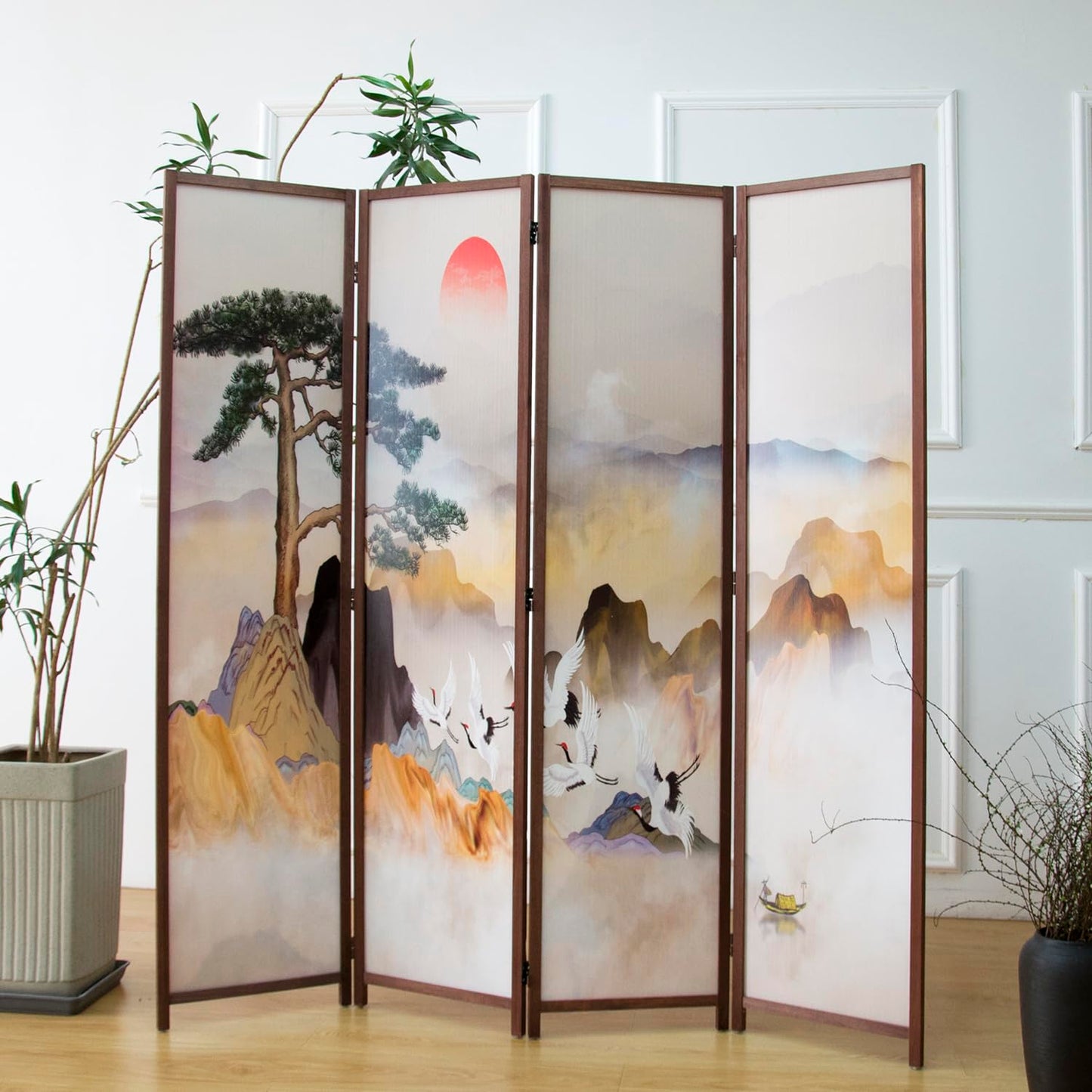 Furnnylane 4 Panel Room Divider, Double-Sided Folding Privacy Screen for Home Office – Freestanding Wall Partition with New Chic Colorful Landscape 67" H x 63" W - 5.6 ft Tall