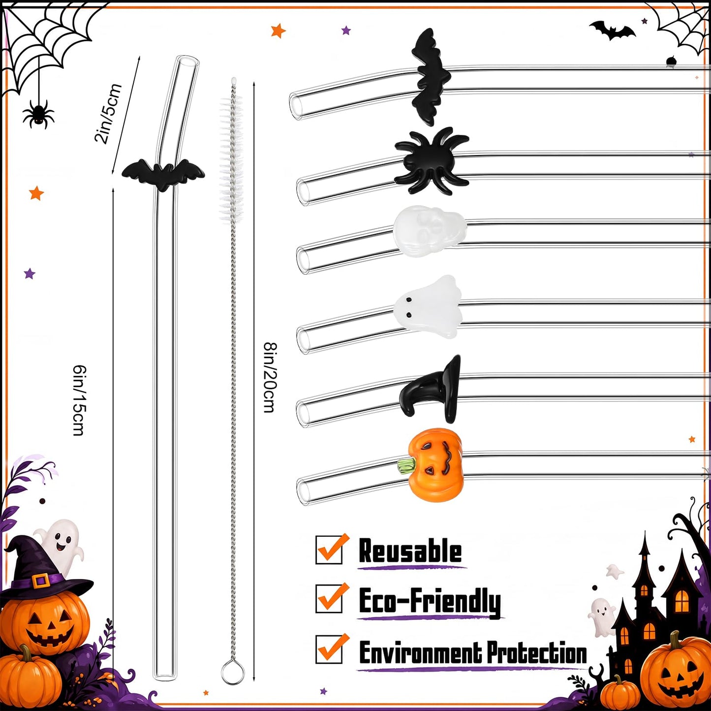 Meanplan 6 Pcs Halloween Glass Straws with Design Pumpkin Spider Ghost Bat Witch Hat Skull Reusable Shatter Resistant Clear Bent Straws with 2 Cleaning Brush for Drinks Cocktail Beverages