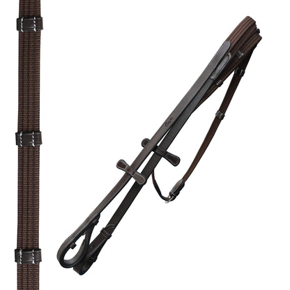 Exion Dressage Bridle for Horses – Anatomical Leather Bridle with Padded Noseband & Browband | Includes Web Reins with Hand Stoppers | Black & Brown | Cob, Full, Pony & Warmblood Sizes