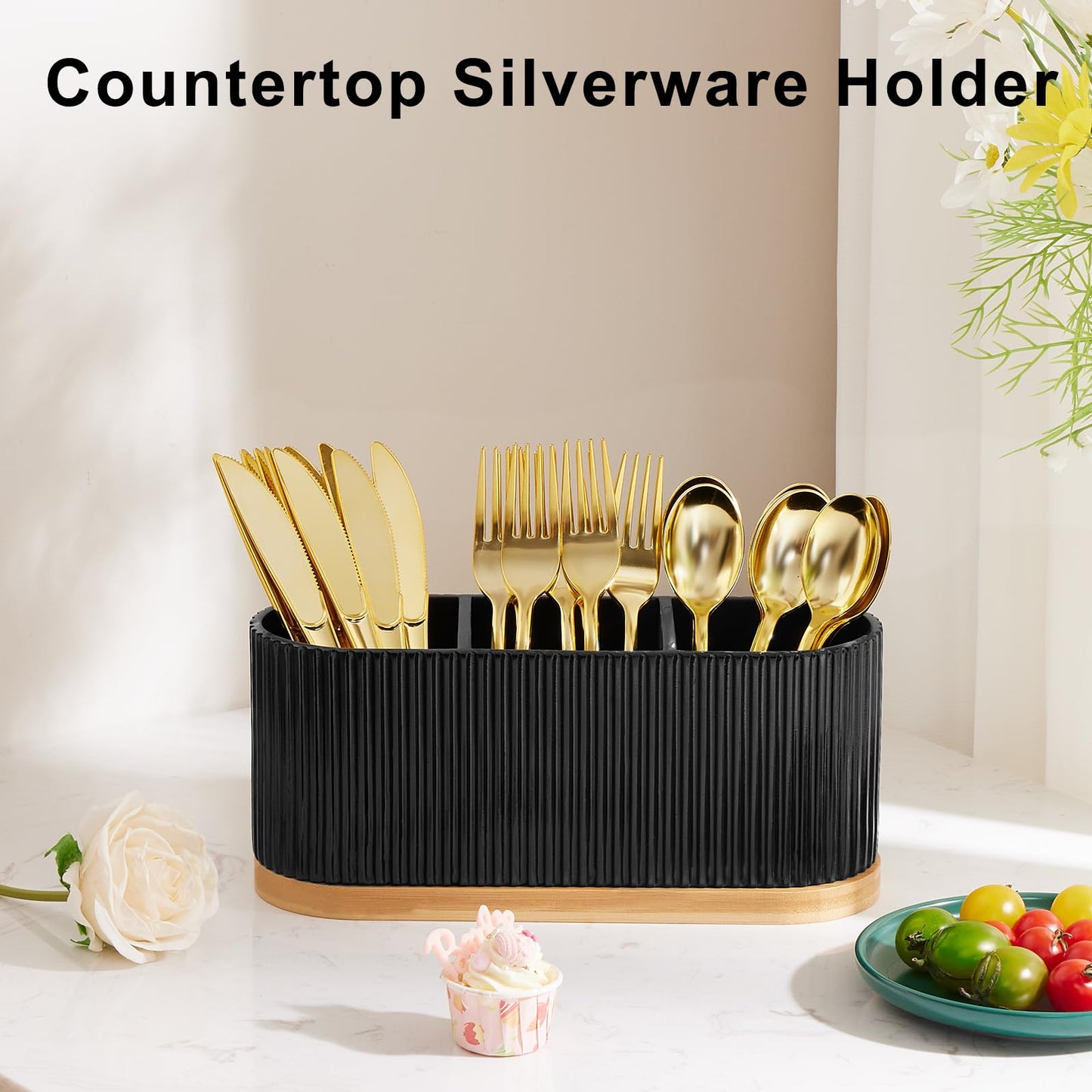 HouseJoy Countertop Silverware Holder, Silverware Caddy Organizer Holder for Forks, Spoons, Knives, Cutlery Caddy with 3 Compartments, Kitchen Utensil Holder for Party, Countertop, Black