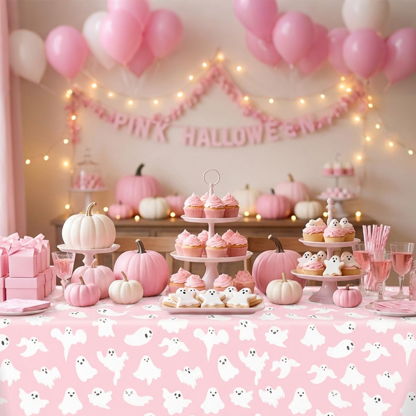 FYSUIMU 12Pcs Halloween Plastic Tablecloths White Pink Ghost Disposable Table Cover Rectangle Table Cloth for Halloween Party Decor, 54 x 108 Inch