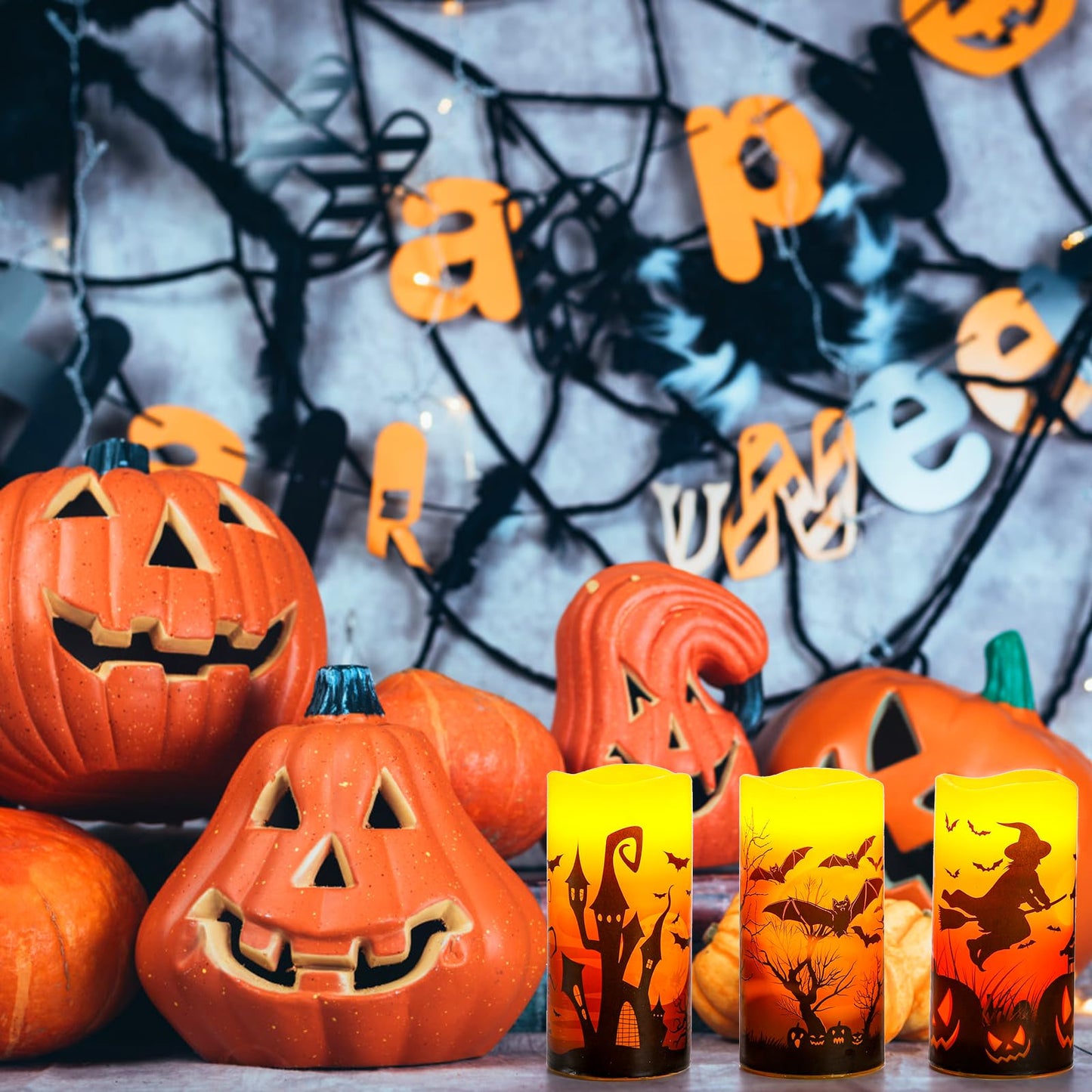 Hbaushun Halloween Flameless Candles 3 Pack with 6 Hour Timer,Battery Operated Real Wax LED Pillar Flickering Candles Warm Light with Castle, Witch, Bats Decal Halloween Decorations Candles