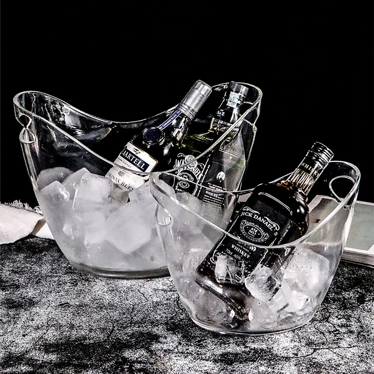 Mwellewm Beverage Tubs for Parties Plastic Ice Bucket for Cocktail Bar Clear Acrylic Wine Bucket with Scoops Drink Bucket Cooler for Chiller Bin for Champagne or Beer (8 L, 4 L)