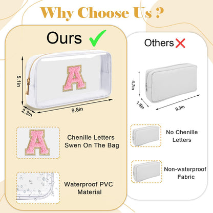 UIXIZQ Personalized Initial Letter Clear Makeup Bag,Preppy Small Nylon&PVC Cosmetic Zipper Bag with Chenille Letter,Travel Skincare Toiletry Bag,Monogram Christmas Gift for Teen Girls Women,L