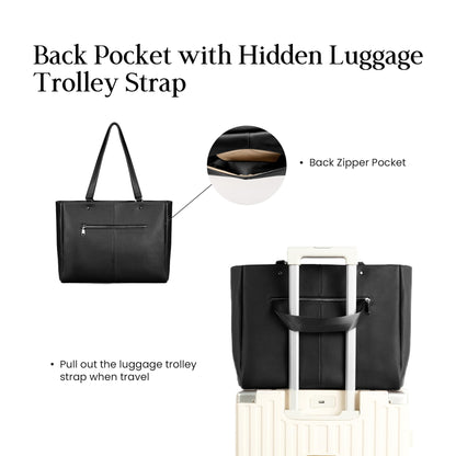 befen Black Genuine Leather Work Tote Bag for Women, Womens Totes Shoulder Purses Satchel Handbags with 15.6" Compartment & Water Cup Holder