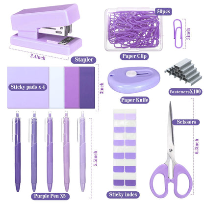 Humyoun Mini Purple Office Supplies Kit Purple School Supplies Christmas Gift Desk Accessories with Gel Pens Sticky Notes Stapler Scissor Paper Clips Index Tabs Box Cutter for Christmas Gifts Office