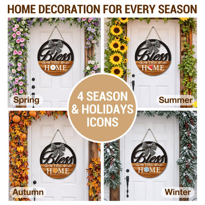 Interchangeable Seasonal Bless This Home Hanging Sign - Farmhouse Front Door Decoration for Spring All Seasons Holidays - Rustic Round Wood Wreaths with 12 Icons(Orange)