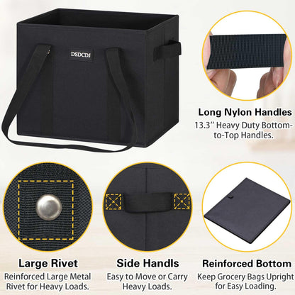 DSDCDJ Reusable Grocery Bags 3 Pack - Heavy Duty Reusable Shopping Bags with Hard Bottom & Long Handles, Stand Up Grocery Boxes Reusable Foldable, 13x10.23x11in, Black