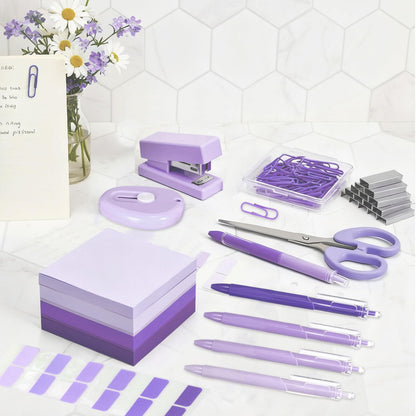Humyoun Mini Purple Office Supplies Kit Purple School Supplies Christmas Gift Desk Accessories with Gel Pens Sticky Notes Stapler Scissor Paper Clips Index Tabs Box Cutter for Christmas Gifts Office