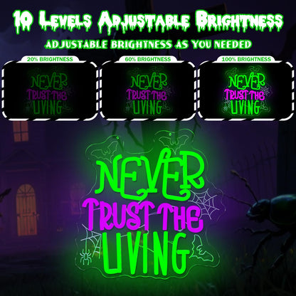 Ajoyferris Never Trust The Living Neon Sign Halloween Neon Signs for Wall Decor Dimmable Tombstone Led Sign Gothic Haunted House Neon Lights for Windows Halloween Party Decor