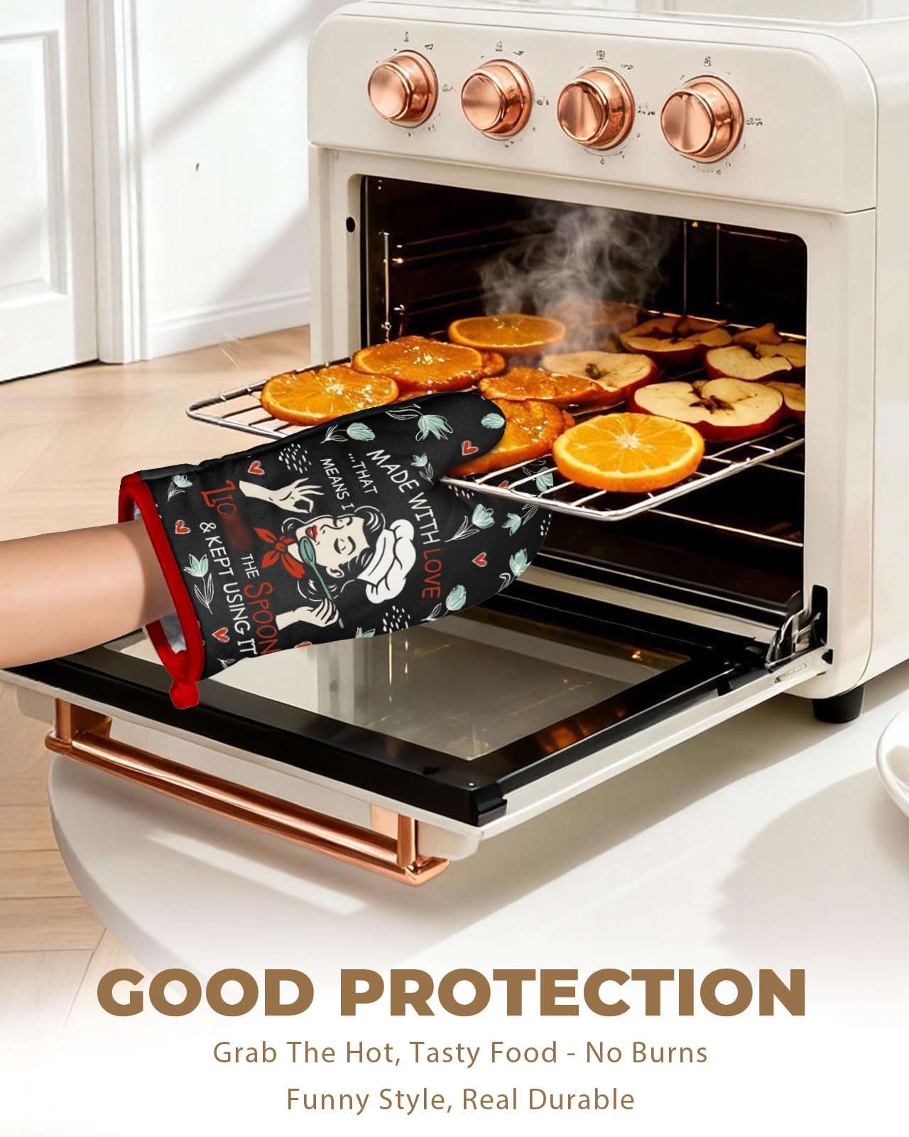 Slohif Funny Oven Mitt Heat Resistant for Women - 1 Pack Black Cute Novelty Cool Kitchen Oven Mittens with 100% Cotton for Baking and Cooking Accessories (Made with Love)