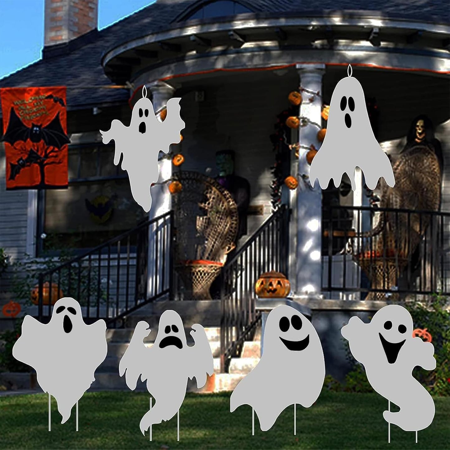 Halloween Yard Signs Outdoor Decorations - 6 PCS Ghost Stakes Outside Decor - Double Sided Party Decorative Signs for Yard Home Lawn Patio Garden ﻿