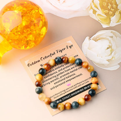 AD Beads 6mm Handmade Golden Colorful Tiger Eye Elastic Bracelet – Natural Gemstone for Warmth and power – Meditation, Yoga, Healing and Energy Gift for Men Women