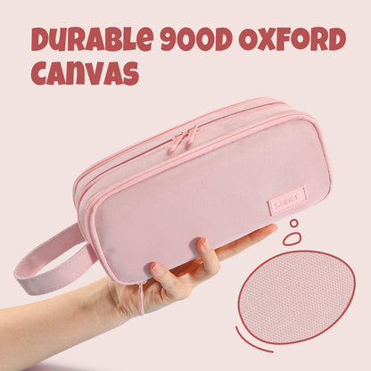 SUNEE Large Capacity Pencil Case with 3 Compartment, Extra Big Pencil Pouch, Pencil Bag with Zipper, Cute High Stationery Organizer, Oxford Pen Box School Supplies for Student Teen Girls Boys, Pink