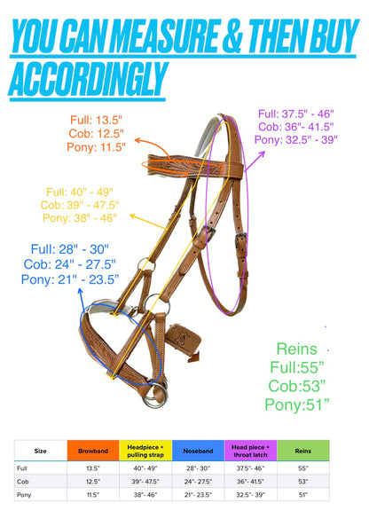 AMAZING HORSE STUFF Sidepull Bitless Bridle with Designer Hand Carving On Browband & Noseband Curved Shaped Natural (Full)