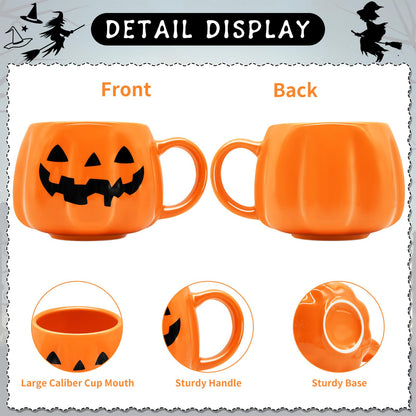 Peclek 12 oz Halloween Pumpkin Mug, Ceramic Cute Pumpkin Coffee Cup, Black Face