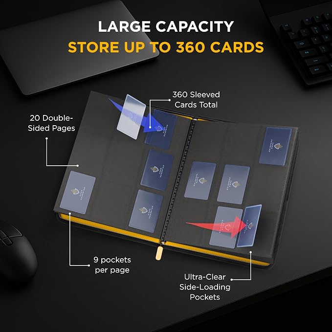 Card Guardian - 9 Pocket Premium Black Binder with Zipper for 360 Cards - Side Loading Pockets for Trading Card Games TCG (Yellow)