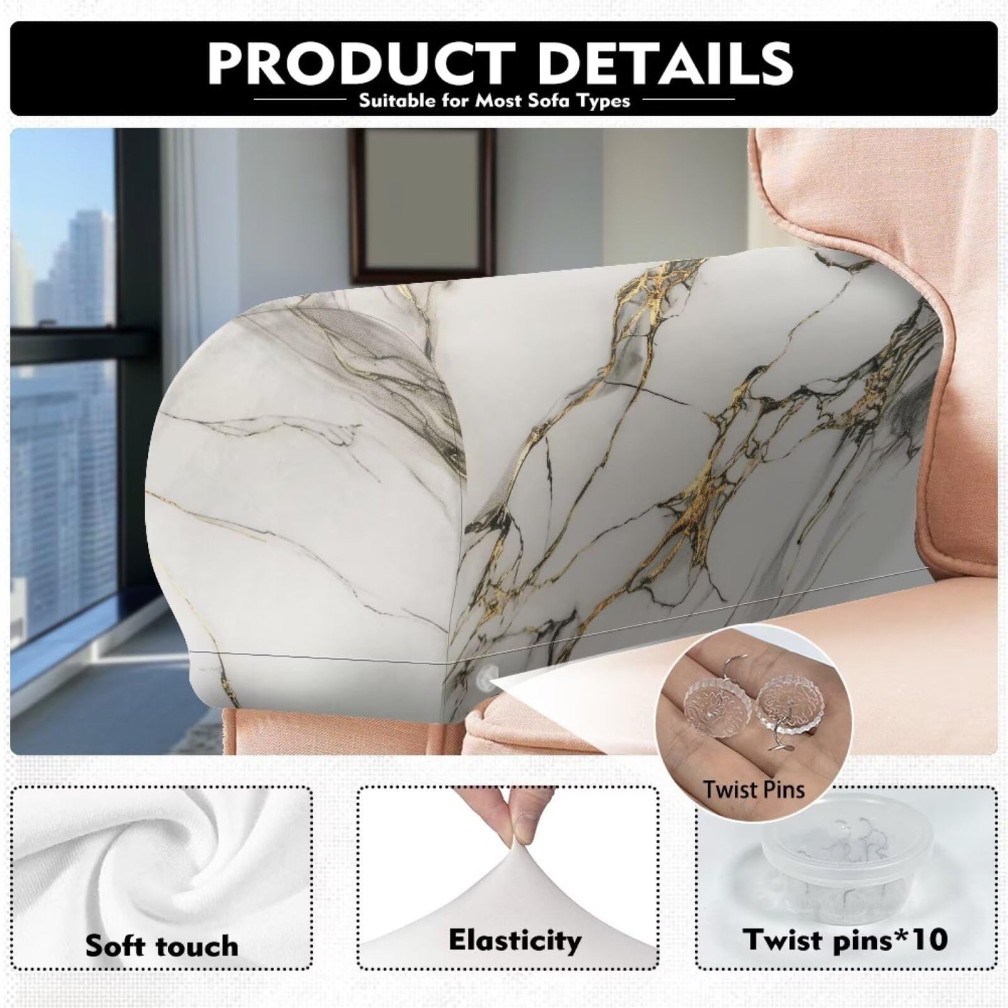 Qehuruxo White Marble Sofa Arm Covers Stretch Armrest Covers Washable Couch Arm Cover Stains Resistant Recliner Armchair Cover Anti-Slip Armrest Slipcovers Set of 2 Furniture Protector