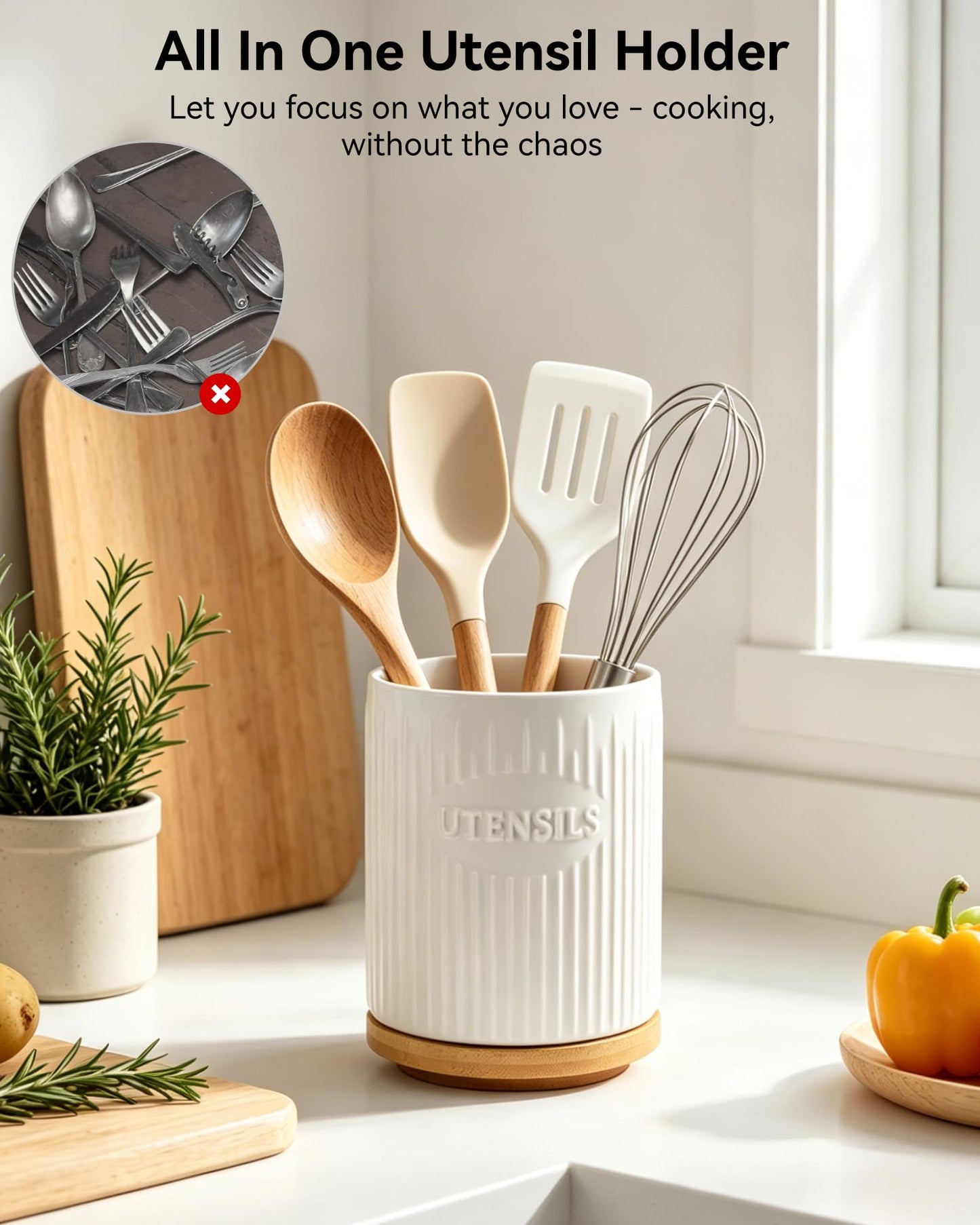 QINSDESIGNS 360° Rotating Utensil Holder, 7.6" Large Ceramic Kitchen Utensil Holder for Countertop with Rotatable Bamboo Base, Stable Cooking Utensil Crock, Farmhouse kitchen Decor, White
