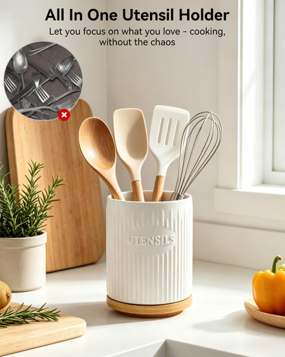 QINSDESIGNS 360° Rotating Utensil Holder, 7.6" Large Ceramic Kitchen Utensil Holder for Countertop with Rotatable Bamboo Base, Stable Cooking Utensil Crock, Farmhouse kitchen Decor, White