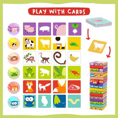 Nene Toys Wooden Tumble Tower Game with Animals & Colors, 4-in-1 Educational Family Board Game for Kids Ages 3-9, Creativity & Cognitive Skills Booster - Gift for Boys Girls 3+ Years