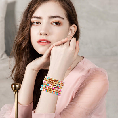 GOOJIDS Surfer Heishi Clay Bead Bracelets for Women Bohemian Stackable Gold Plated Beaded Stretch Bracelets Elastic Layering Friendship Bracelets Set Boho Jewelry (F-Pink Multicolor Set)