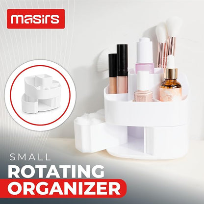 Masirs 360° Rotating Makeup Organizer – Small Acrylic Cosmetic Storage Caddy, 5 Compartments, Mini Lazy Susan for Vanity, Bathroom, Skincare, Brushes & Lipsticks, Square White