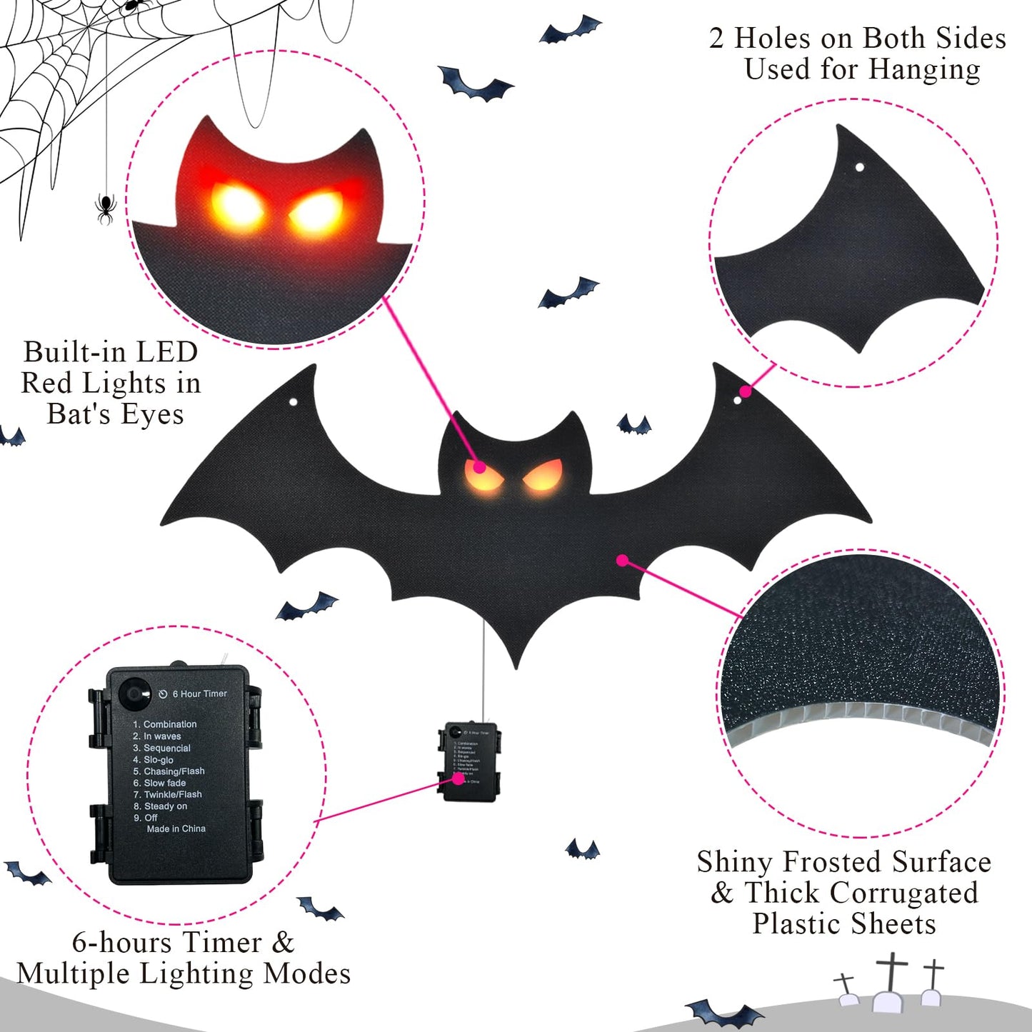 Lighted Halloween Hanging Bats, 4 Packs Halloween Decorations Outdoor Scary Large Black Hanging Flying Bat with LED Lights Spooky Glow Eyes Waterproof for Yard Sign Window Wall Decor Indoor Clearance