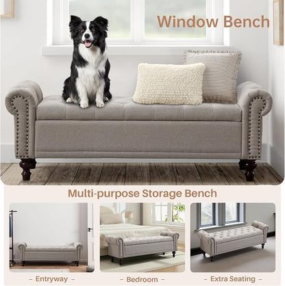 58'' Upholstered Storage Bench for Bedroom, Linen End of Bed Storage Ottoman Benches Large, Button Tufted Ottomans with Storage for Living Room/Entry Way/Closet, Light Brown