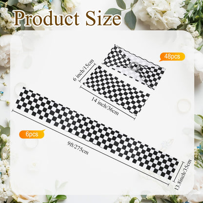 Newwiee 54 Pcs Stretch Chair Sashes with Table Runners, Classic Black and White Chair Bows Sashes Fringe Table Runner for Party Wedding Reception Banquet Decorations (Black and White Checkerboard)