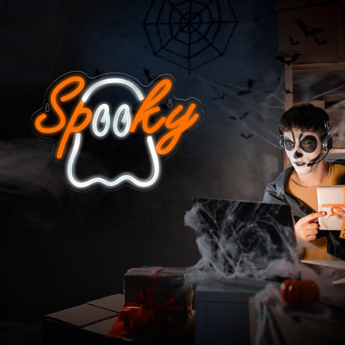 Halloween Ghost Neon Sign Acrylic LED Spooky Light Sign Cute Ghost Wall Hanging Neon Widow Door Light for Halloween Party Bedroom Bar Cave Room Decor