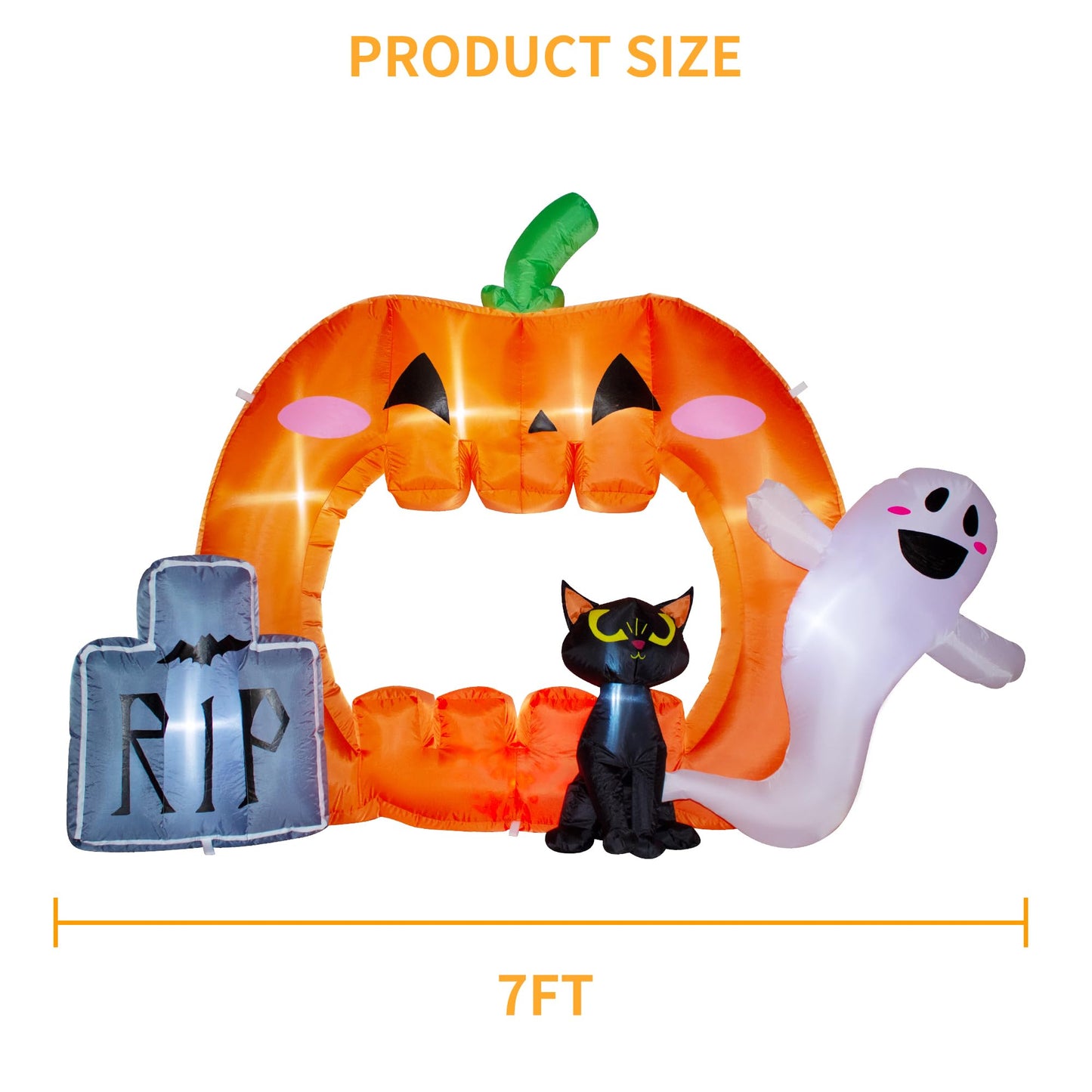 VENLOIS 7FT Halloween Inflatable Pumpkin Photo Frame with Tombstone Black Cat White Ghost,Built-in LEDs for Halloween Blow Up Indoor Decor, Cute Fun Holiday/Party/Yard/Garden Fantasy Party Display