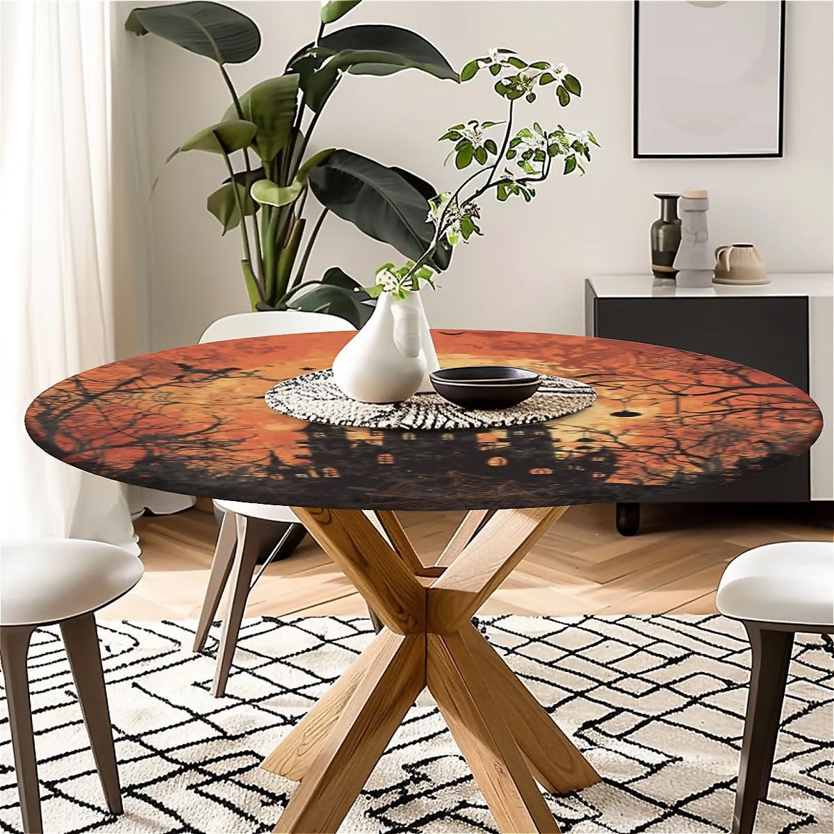 COTAIL Round Fitted Tablecloth with Elastic Edge Design Table Cover Waterproof Table Cloth Stain-Resistant for 32"-36" Round Table for Dining, Picnic, Party, Decor, Outdoor, Halloween