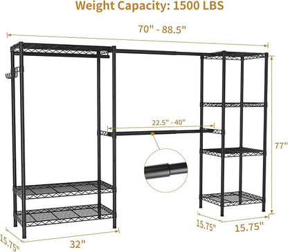 Golpart Heavy Duty Garment Rack Clothes Rack,Large Metal Closet Organizer System Storage Wardrobe,Freestanding Clothing Rack with 7 Adjustable Wire Shelves&3 Hang Rods,MaxLoad 1500lbs
