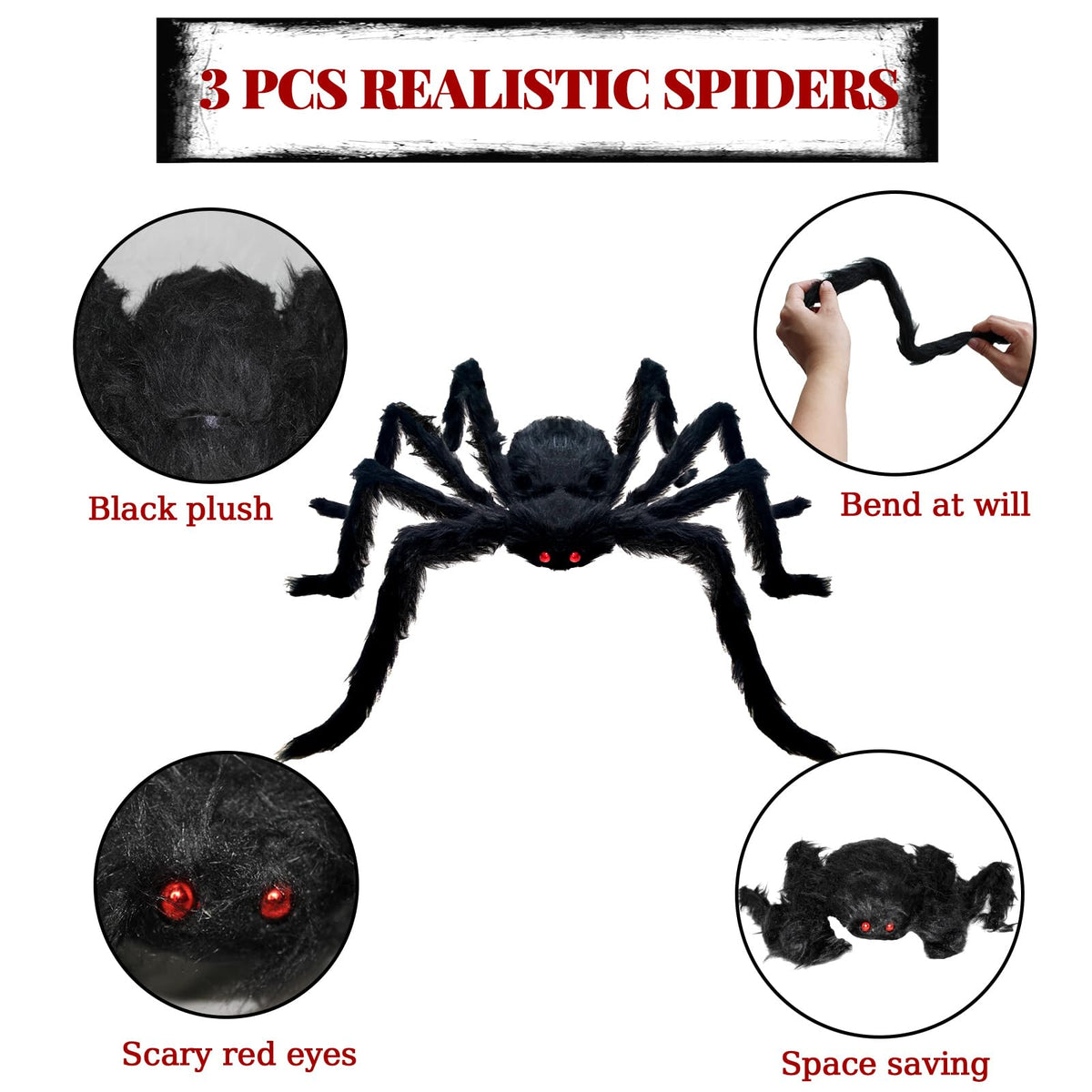 ZMCINER Large Halloween Spiders for Outside, Big Spider Halloween Decorations Realistic Scary Hairy Spiders Halloween Decorations Outdoor (59", 49", 35")