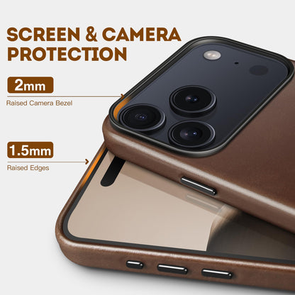 kingflag Genuine Leather Case for iPhone 17 Pro Max 6.9 inch, Oil Wax Full-Grain Leather, Compatible with MagSafe, Metal Buttons and Camera Bezel (Rustic Brown)