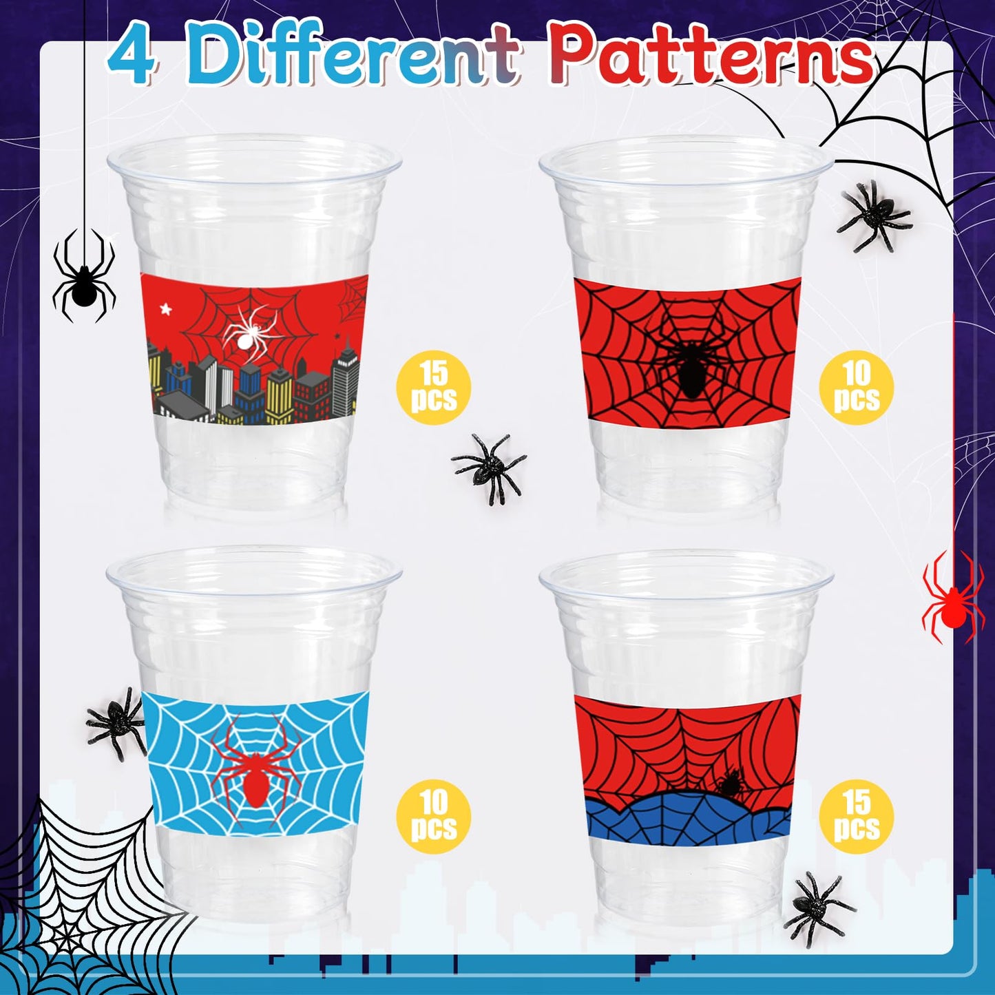 CUPLOOV 50Pcs Spider Web Birthday Party Decorations Cups, 12 OZ Disposable Plastic Drinking Cups Hot Cold Drink Wine Coffee for Home Sports Birthday Christmas Themed Holiday Party Supplies Favors