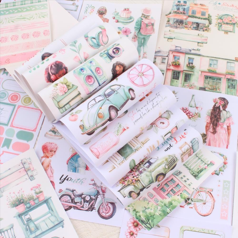 Dwpetzo Breezy Holiday Scenery Pre-Cut Journal Sticker Book for Women Journaling, Assorted Materials Paper PET Washi Stickers for Scrapbooking, Junk Journal Supplies, Planner, Collage, Crafts Arts