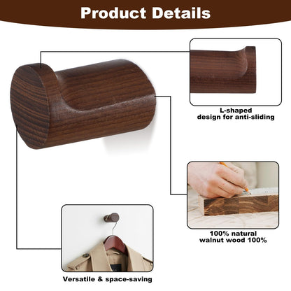 xozeooeu Wood Wall Hooks 8 Pack, Natural Walnut Coat Hooks with Metal Core, Heavy Duty Wall Mounted Hat Hook for Entryway, Bathroom, Bedroom - Rustic Home Decor