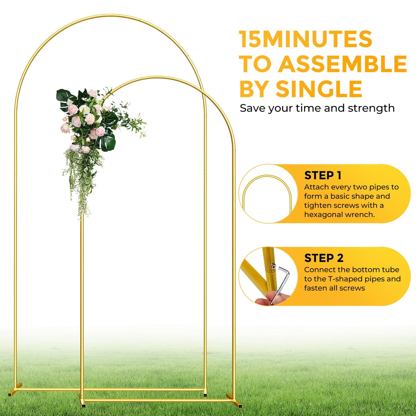 Metal Arch Backdrop Stand, 7.2FT+6FT Wedding Arch Frame, Gold Wedding Arch Backdrop Stand Set of 2, Balloon Arch Backdrop for Wedding Birthday Party Baby Shower Graduation Ceremony Decor