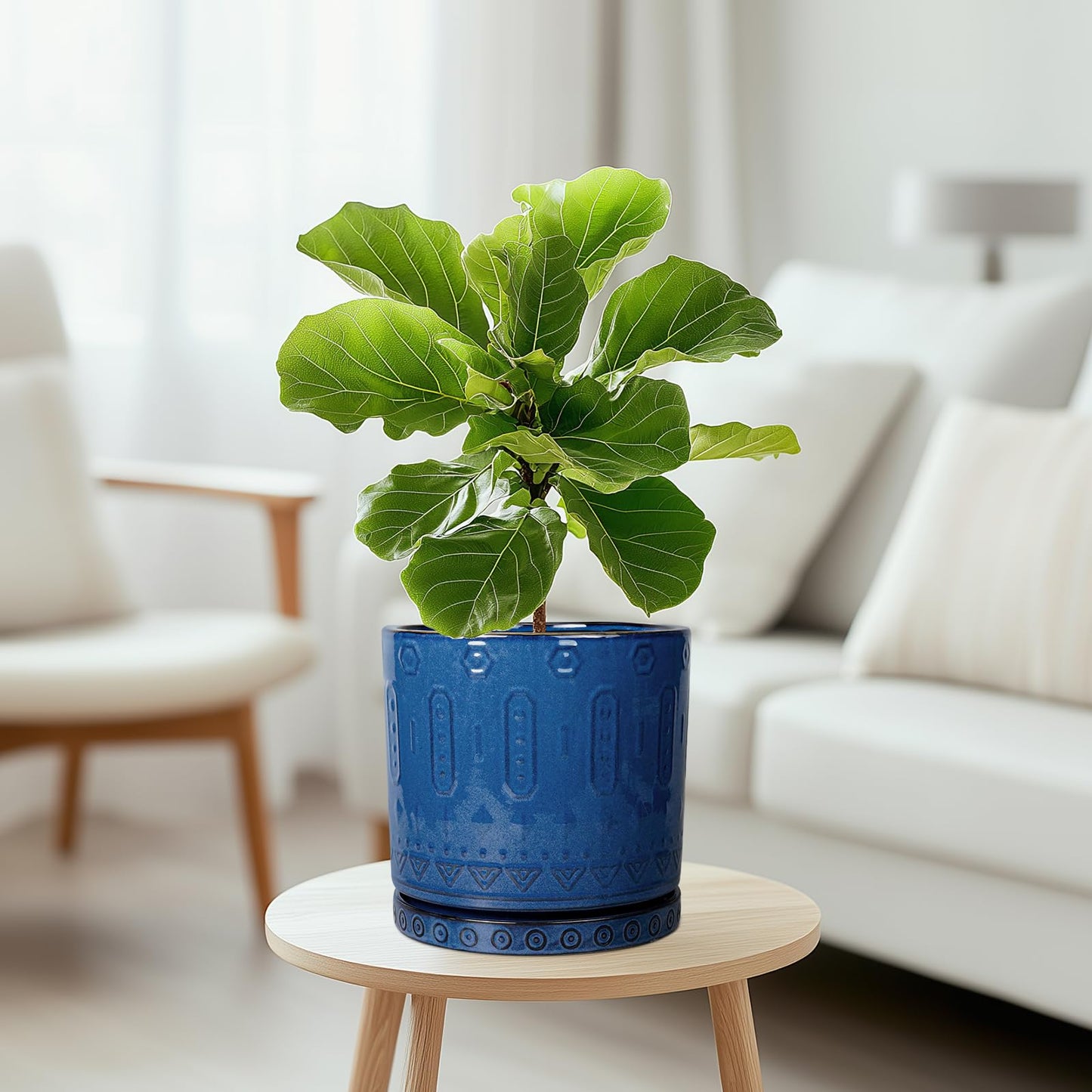 Eightpot Ceramic Planter - 8 Inch Plant Pot Indoor with Drainage Holes and Saucer Round Planter Outdoor Mid-Century Modern Flower Pot Succulent Pot for Home Decor Blue