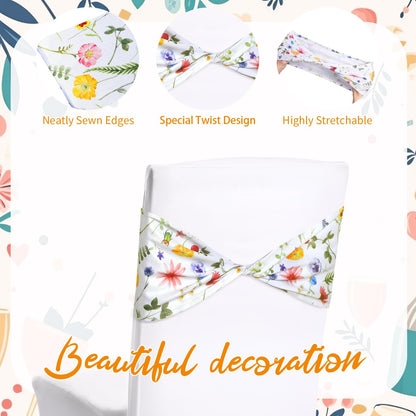Newwiee Floral Spandex Chair Sashes Floral Print Elastic Chair Sashes Bow Polyester Chairs Cover Bands Ties Without Buckle for Birthday Party Decor