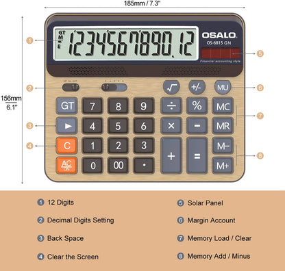 Desktop Calculator Extra Large 5-Inch LCD Display 12-Digit Big Number Accounting Calculator with Giant Response Button, Battery & Solar Powered, Perfect for Office Business Home Daily Use(6815GN-2pcs)