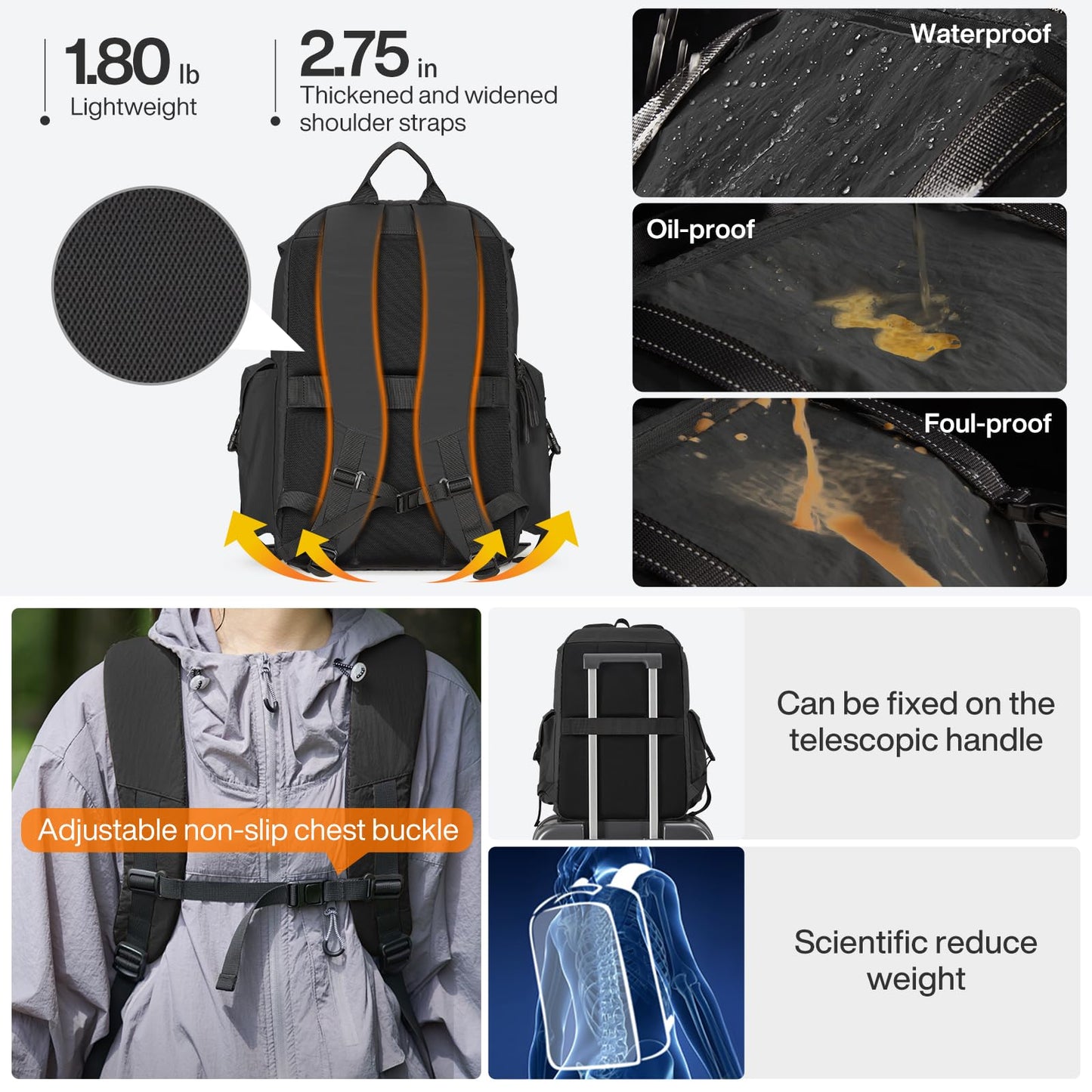 mixi Travel Backpack for Women Men, 18 Inch Carry On Laptop Backpack Flight Approved fits 16'' Laptop, Lightweight Waterproof Hiking Backpack Travel Outdoor Business Casual Daypack, Black